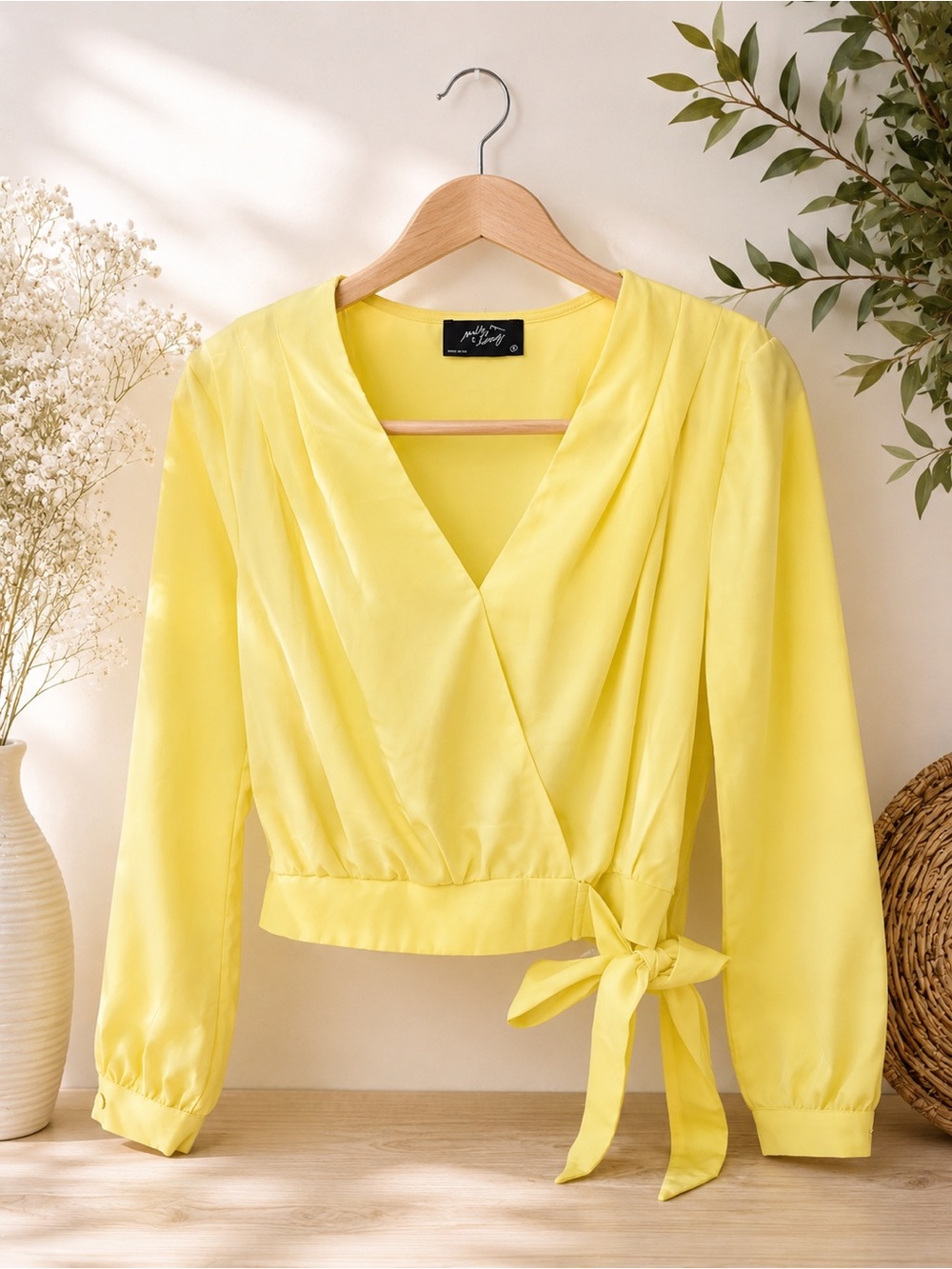 Sunny Yellow Wrap Tie Blouse with V-Neck